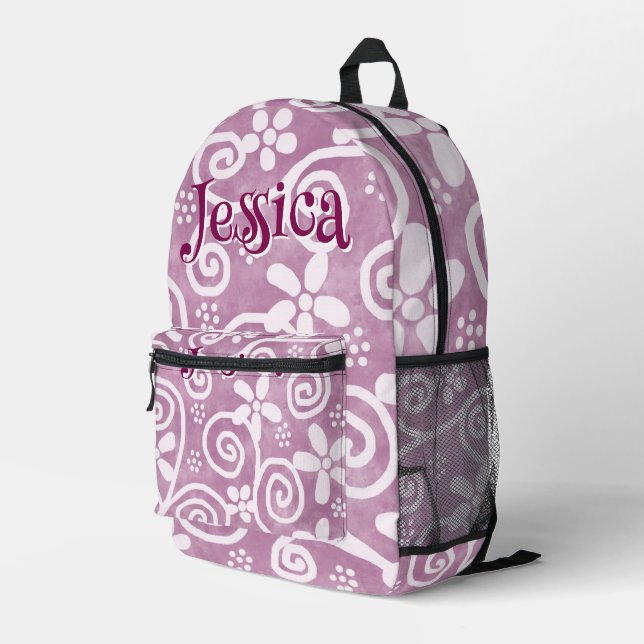 Mochila Impresa Flowers Swirls Pink White Pattern Personalized (Esquina derecha trasera )