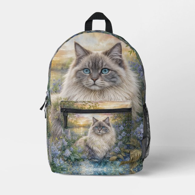 Mochila Impresa Fluffy Himalayan Cat In Purple Garden at Sunrise (Anverso)