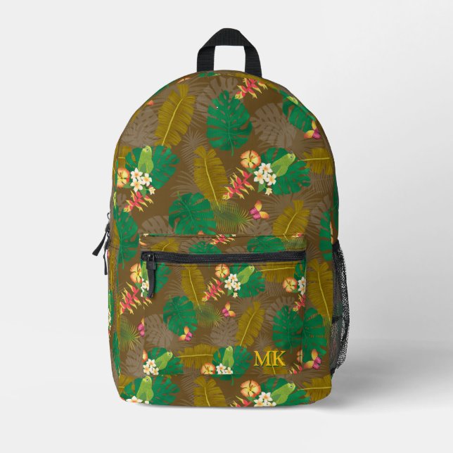 Mochila Impresa Folaje Tropical Verano Marrón (Anverso)