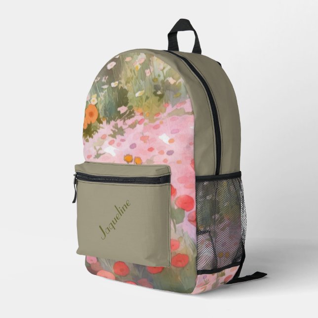 Mochila Impresa Fondo de encaje de primavera verde y rosa (Esquina derecha trasera )