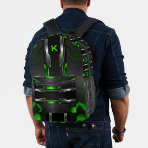 Mochila Impresa Fondo de juego negro y verde diseño geométrico