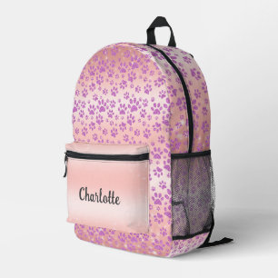 Mochila Impresa Fondo de oro rosa con huellas de patas purpurina