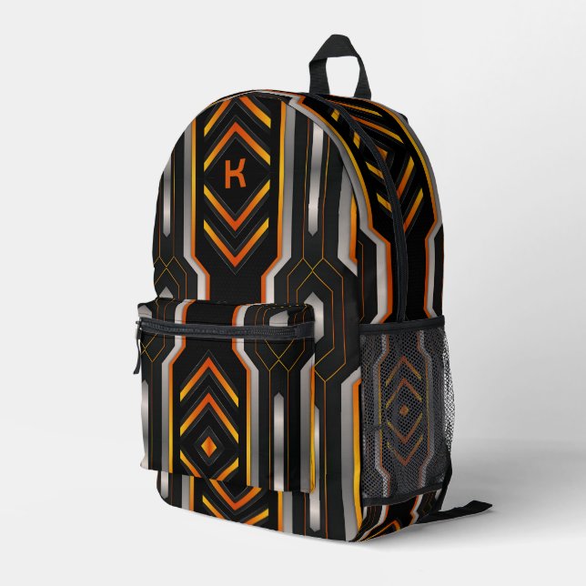 Mochila Impresa fondo geométrico de juegos naranja, gris y platead (Esquina derecha trasera )