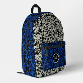 Mochila Impresa Fondo negro de flores blancas y azules
