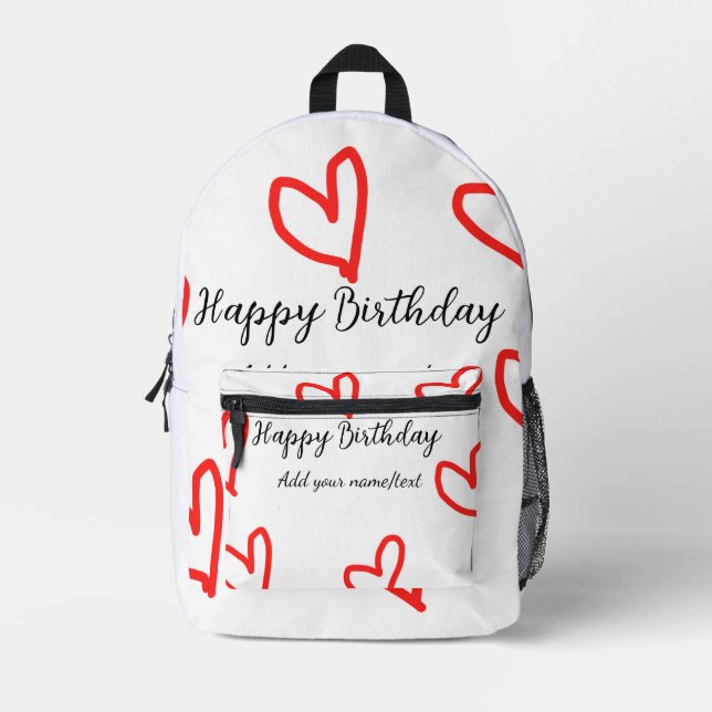 Mochila Impresa Forma de corazón rojo feliz cumpleaños agregar tex (Anverso)
