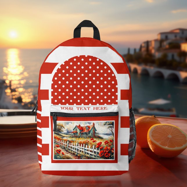 Mochila Impresa Foto artística retro de rayas blancas rojas (Red and white backpack featuring a retro striped design with polka dots and your photo)