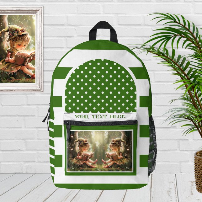 Mochila Impresa Foto artística retro verde franja blanca (Green and white backpack featuring a retro striped design with polka dots and your custom photo)