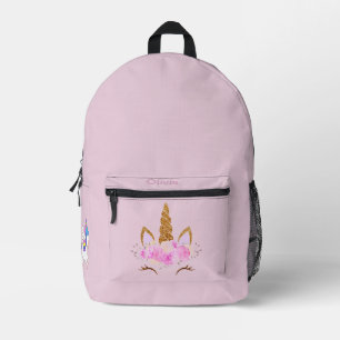 Mochila Impresa Foto de sombrero de unicornio rosa con nombre de v