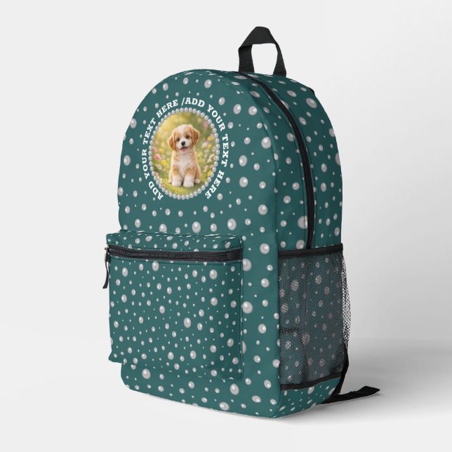 Mochila Impresa Foto personalizada con círculo de perlas sobre azu (Esquina derecha trasera )