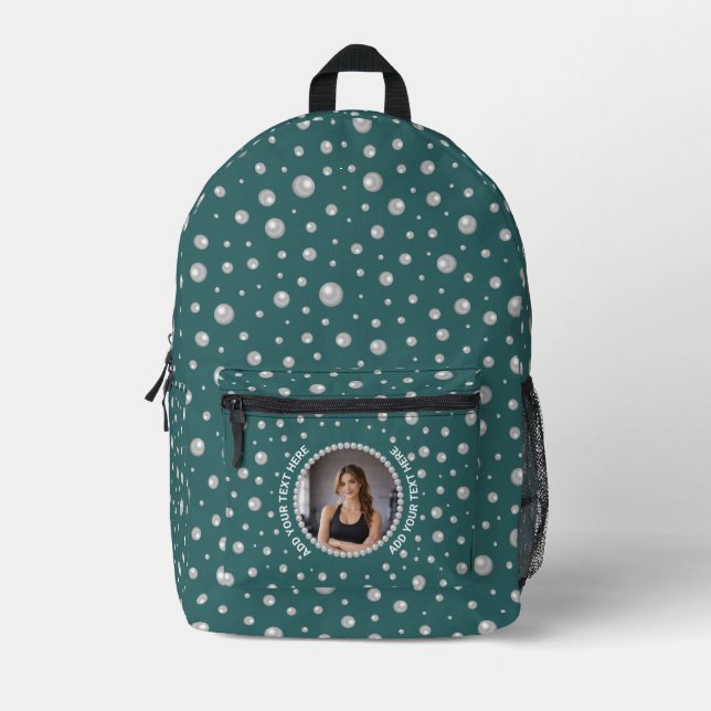 Mochila Impresa Foto personalizada con círculo de perlas sobre azu (Anverso)