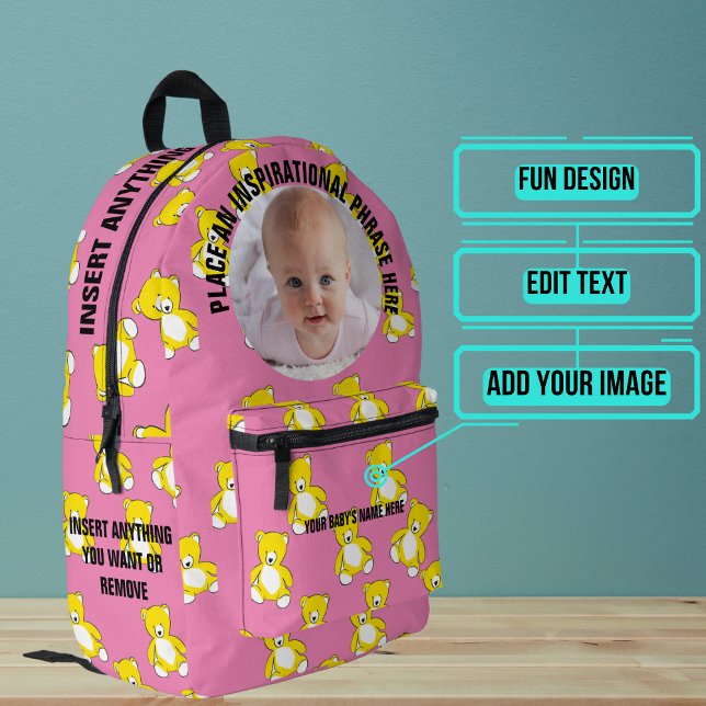 Mochila Impresa Foto redonda y texto rosa Teddy Bear Baby (Please enjoy our baby backpack)