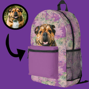Mochila Impresa Foto única de grunge rosa lila de bulldog para ama