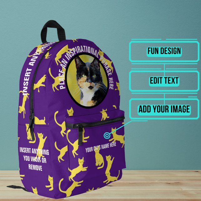 Mochila Impresa Fotos redondas y gato morado de texto saltando (Please enjoy our cat backpack)