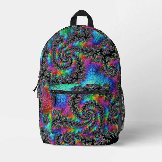 Mochila Impresa Fractal de espiral de arcoiris psiquínico trippy (Anverso)