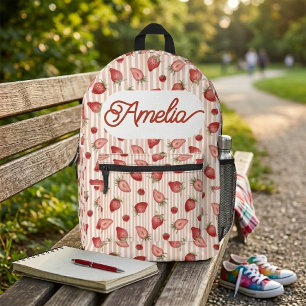 Mochila Impresa Fresa de acuarela linda franja rosa nombre persona