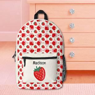 Mochila Impresa Fresas Monas de Niña, Mermelada y Patrón de Corazo