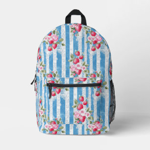 Mochila Impresa Fresas y flores antiguas en franjas azules