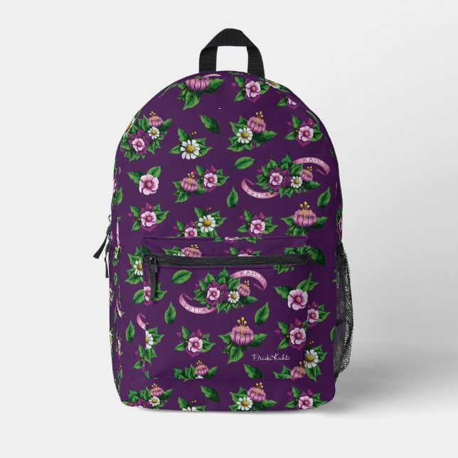 Mochila Impresa Frida Kahlo | Purple Floral Bouquet Pattern (Anverso)