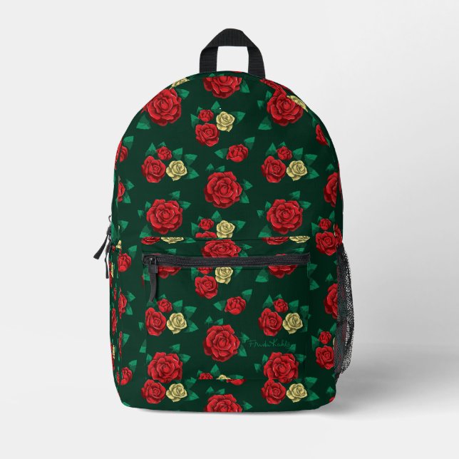 Mochila Impresa Frida Kahlo | Red and Gold Rose Pattern (Anverso)