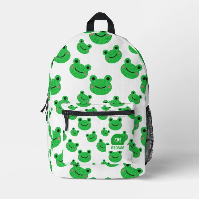 Mochila Impresa Frog Happy Face Pattern Green Monogram School (Anverso)