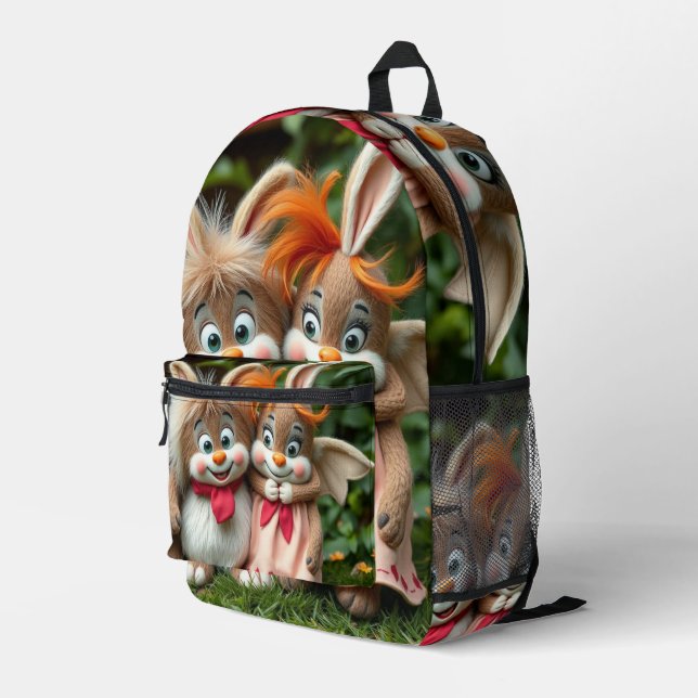 Mochila Impresa „Fröhliche Hasenfreunde im Frühlingsgarten“ (Esquina derecha trasera )