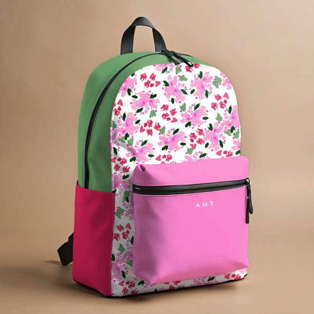 Mochila Impresa Fuchsia Floral Garden Nombre personalizado inicial (Fuchsia pink and green watercolor Floral Garden personalized school backpack.)