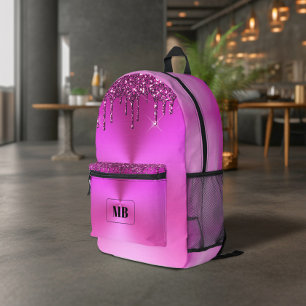 Mochila Impresa Fucsia Brillo Metálico Monograma con Efecto de Got