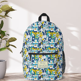 Mochila Impresa Fun Blue Yellow Dogs Pattern Personalized Name