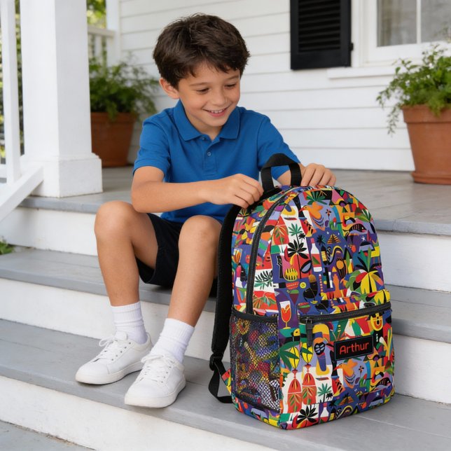 Mochila Impresa Fun Cool Cartoon Colorful Doodle Personalized Kid (Super fun backpack featuring a tropical pattern in cartoon view and personalized name label.)