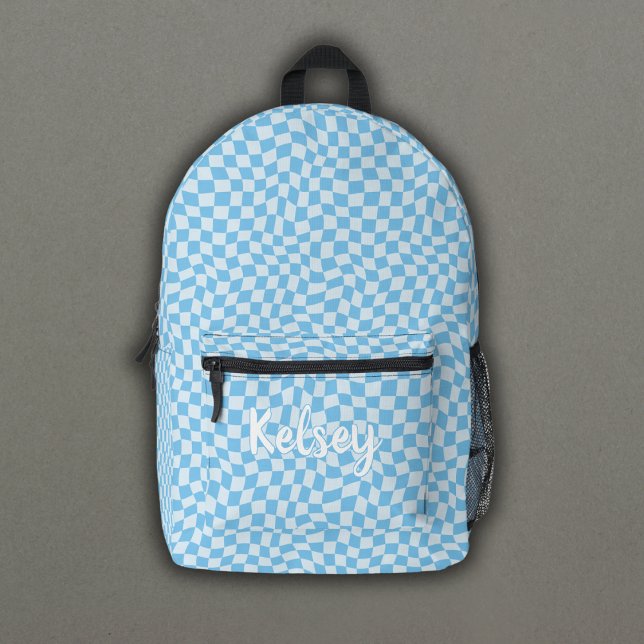 Mochila Impresa Fun Retro Wavy Check Blue Monograma Nombre (Subido por el creador)