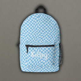 Mochila Impresa Fun Retro Wavy Check Blue Monograma Nombre