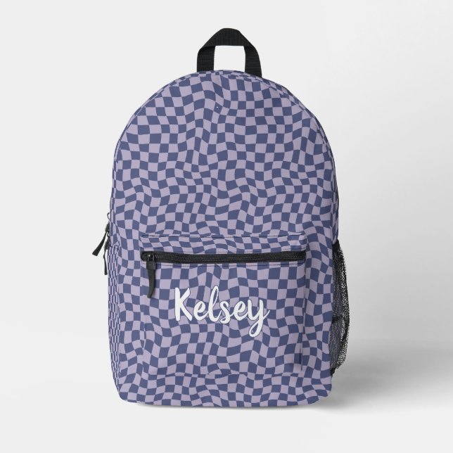 Mochila Impresa Fun Retro Wavy Check Purple Monograma Nombre (Anverso)