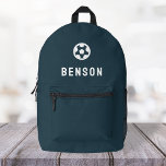 Mochila Impresa Futbol de la Marina Mínima moderna<br><div class="desc">Un diseño personalizado en un fondo azul marino con un icono de motivo de fútbol en blanco que se puede reemplazar fácilmente subiendo tu propio logo, imagen o motivo! El nombre de monograma personalizado en la tipografía blanca moderna de bloques puede ser reemplazado por su propio nombre o texto personalizado....</div>