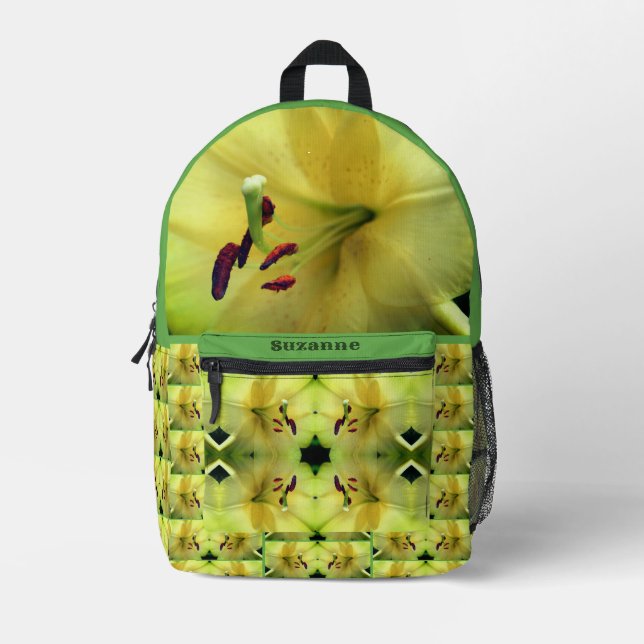 Mochila Impresa Gasolina amarilla de flores pepitas espejo persona (Anverso)