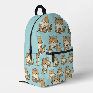 Mochila Impresa Gato Adorable con Sombrero Azul y Bola de Hilo Art