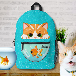 Mochila Impresa Gato Adorable Mirando en el Tazón de Peces Dorados