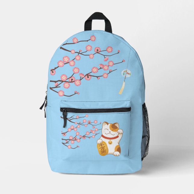 Mochila Impresa Gato afortunado japonés, Calico Maneki Neko (Anverso)