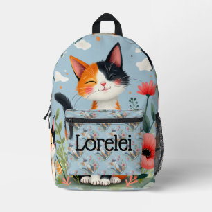 Mochila Impresa Gato Calico Sonriente en Jardín Florido