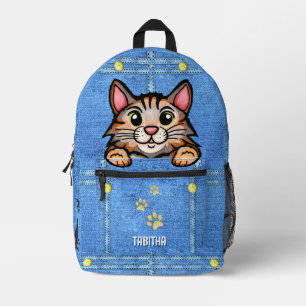 Mochila Impresa Gato de Calico en falso cajón de denim con nombre