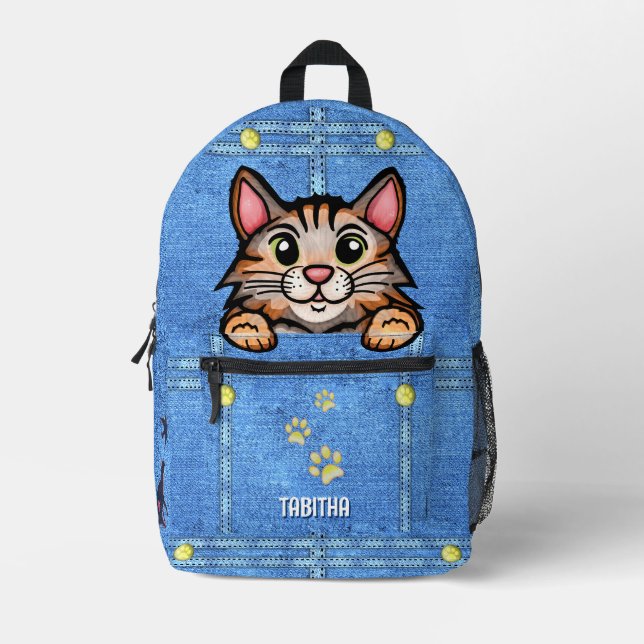 Mochila Impresa Gato de Calico en falso cajón de denim con nombre  (Anverso)