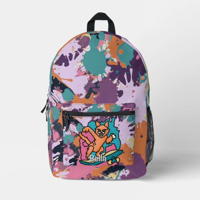 Mochila Impresa Gato de Street Retro en Skateboard | Divertido (Anverso)