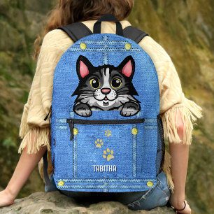 Mochila Impresa Gato de Tuxedo en bolsillo falso de denim con nomb