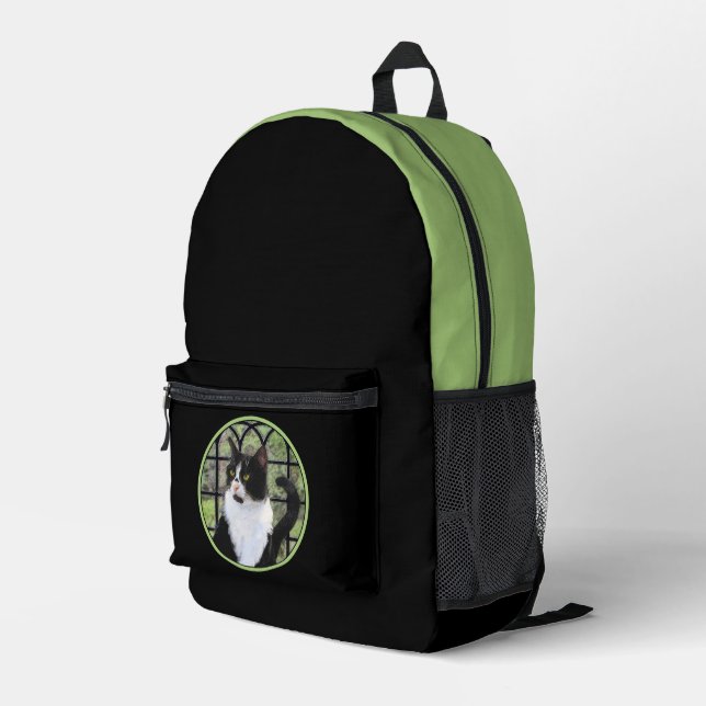 Mochila Impresa Gato de Tuxedo en la ventana Pintura de arte anima (Esquina derecha trasera )
