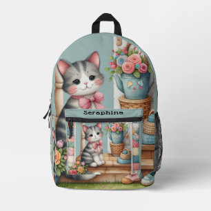 Mochila Impresa Gato en el porche escena de patchwork floral