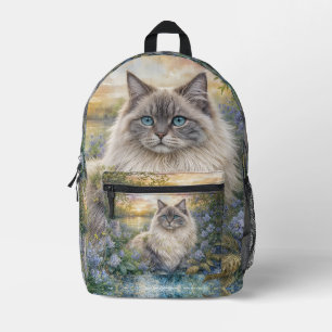 Mochila Impresa Gato Fluffy Himalayo en Jardín Púrpura al Amanecer