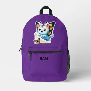 Mochila Impresa Gato Mariposa Morado Lindo Personalizado Con Nombr
