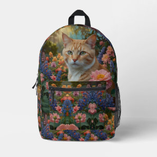 Mochila Impresa Gato naranja blanco bonito en jardín floral