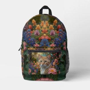 Mochila Impresa Gato naranja blanco bonito en jardín floral