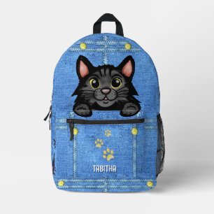 Mochila Impresa Gato negro en bolsillo falso de denim con nombre p