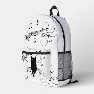 Mochila Impresa Gato negro rodeado de notas susurrantes de música